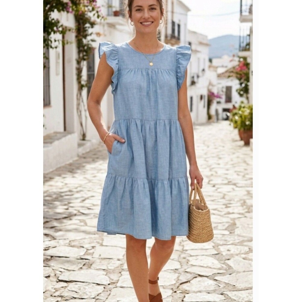 J. Crew Size 6 Chambray Dress Flutter Sleeve Babydoll Pockets Cotton Boho  Chic